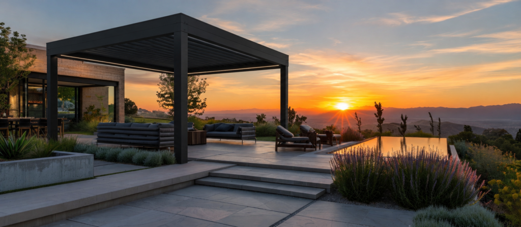pergola nyaralóba naplementében